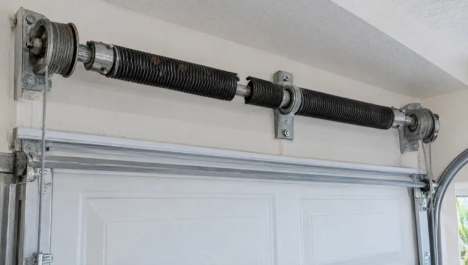 Broken torsion spring with a gap in the coil above a white garage door, cable drums at each end