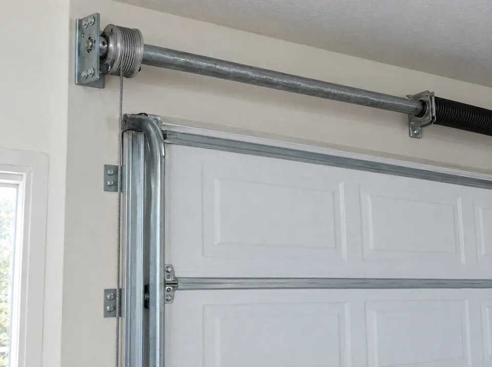 Lift cable wound on a cable drum at the end of the torsion shaft, dropping beside the track of a closed white garage door