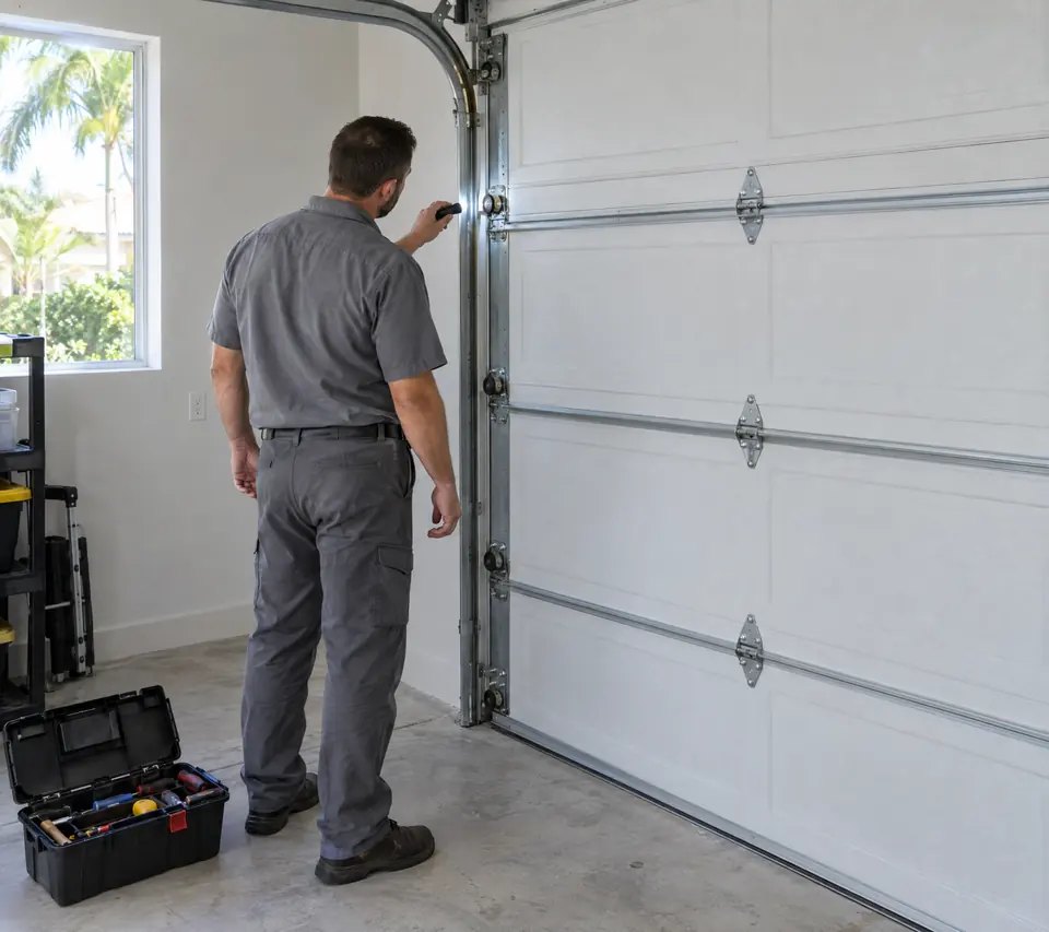 Technician shining a flashlight on the rollers and track of a closed white garage door, toolbox on the floor