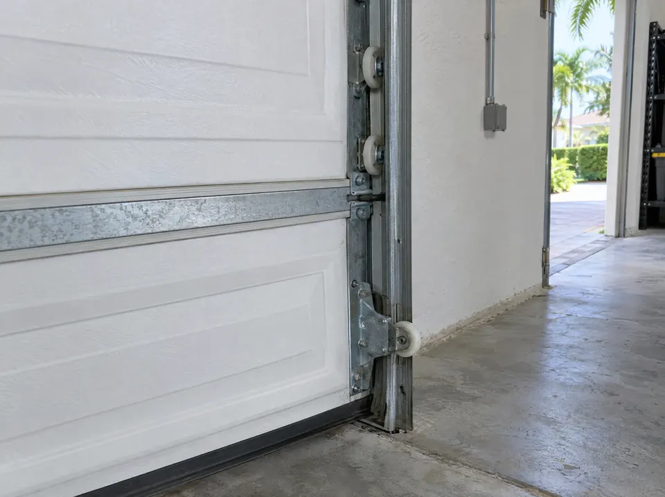 Garage door roller sitting outside its track near the bottom of a white sectional door