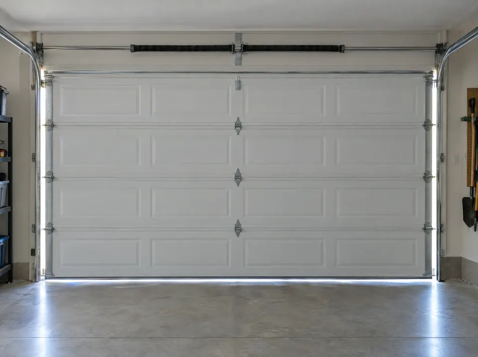 Closed two-car garage door seen from inside, with daylight at the edges