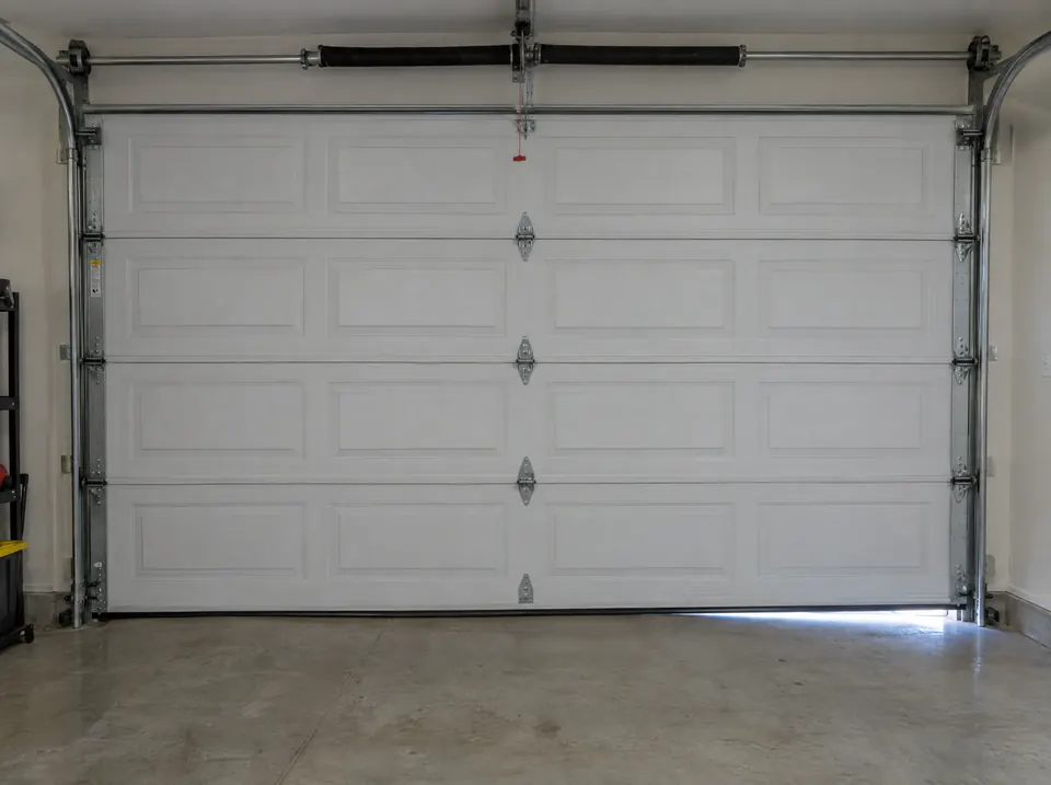 Closed white garage door sitting unevenly, with daylight showing under one side